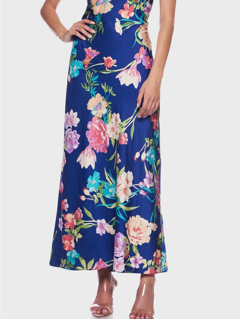 Macy's Floral Satin Maxi Skirt in Bright Blue with Multicolor Blooms